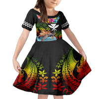 Hawaii Lei Day Family Matching Off The Shoulder Long Sleeve Dress and Hawaiian Shirt Hibiscus Wreath and Polynesian Pattern LT03 Daughter's Dress Black - Polynesian Pride