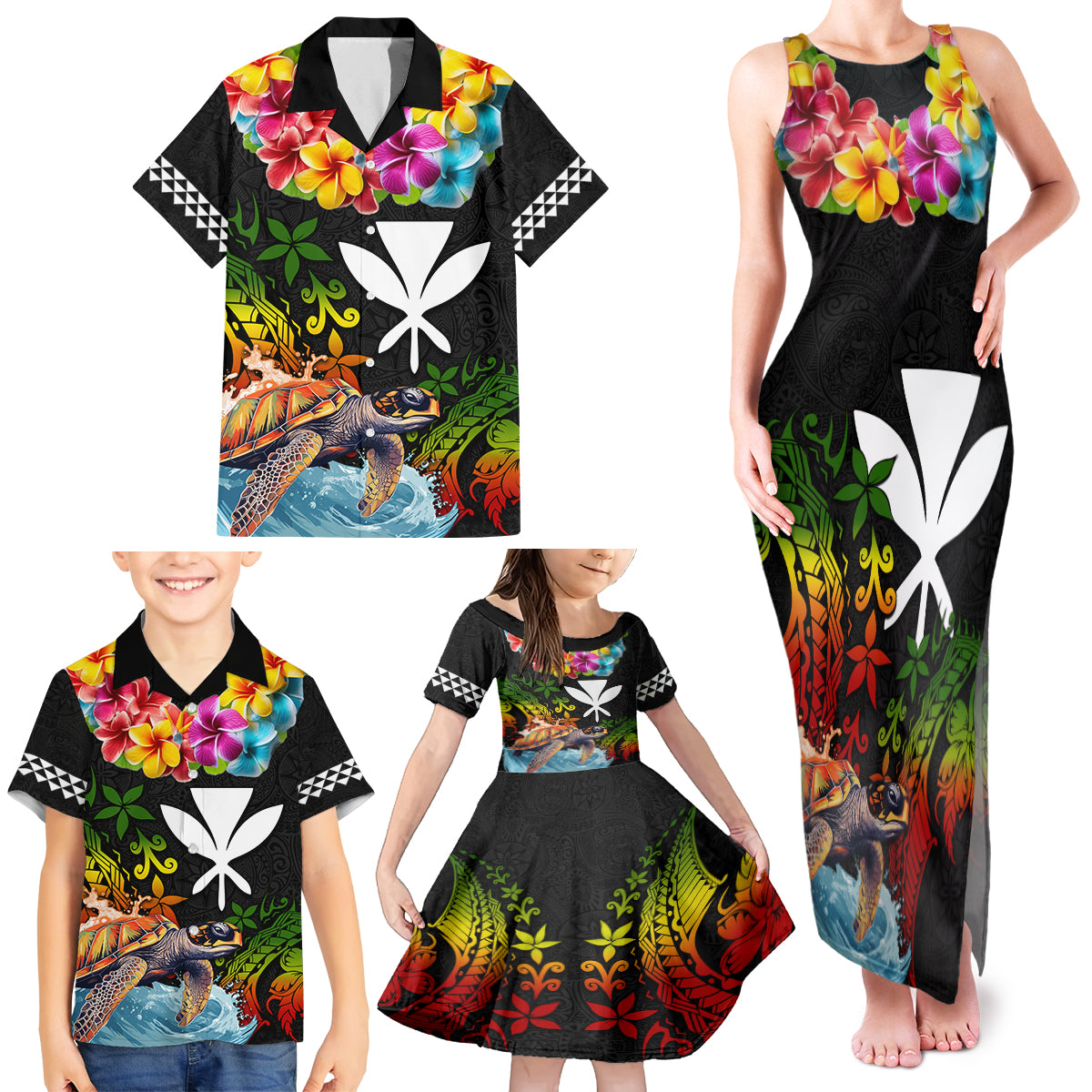 Hawaii Lei Day Family Matching Tank Maxi Dress and Hawaiian Shirt Hibiscus Wreath and Polynesian Pattern LT03 - Polynesian Pride