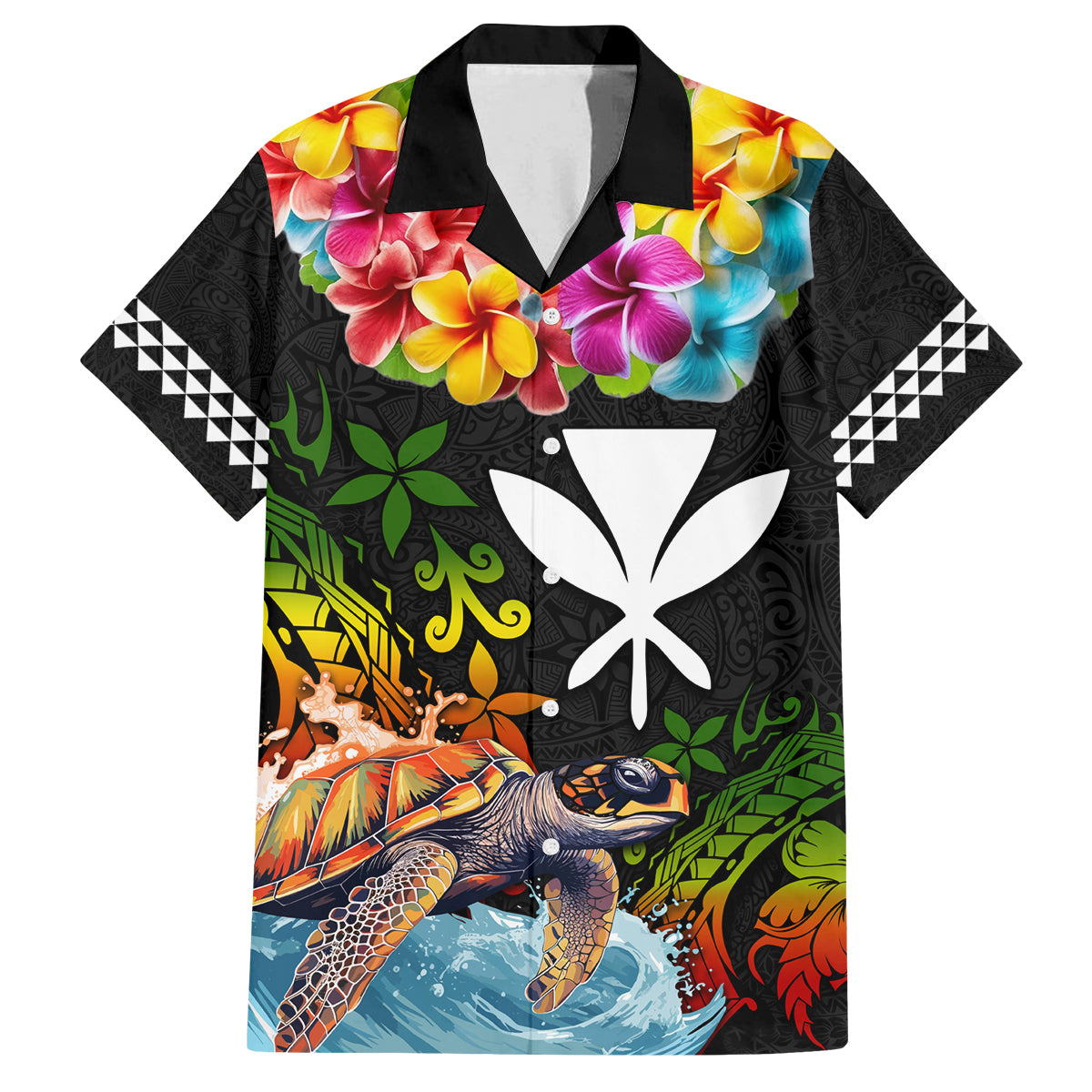 Hawaii Lei Day Family Matching Tank Maxi Dress and Hawaiian Shirt Hibiscus Wreath and Polynesian Pattern LT03 Dad's Shirt - Short Sleeve Black - Polynesian Pride