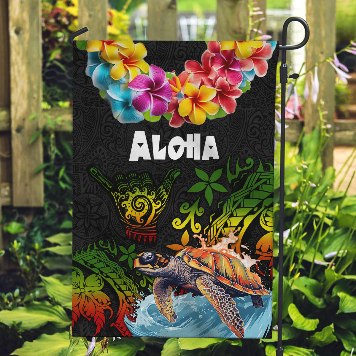 Hawaii Lei Day Garden Flag Hibiscus Wreath and Polynesian Pattern