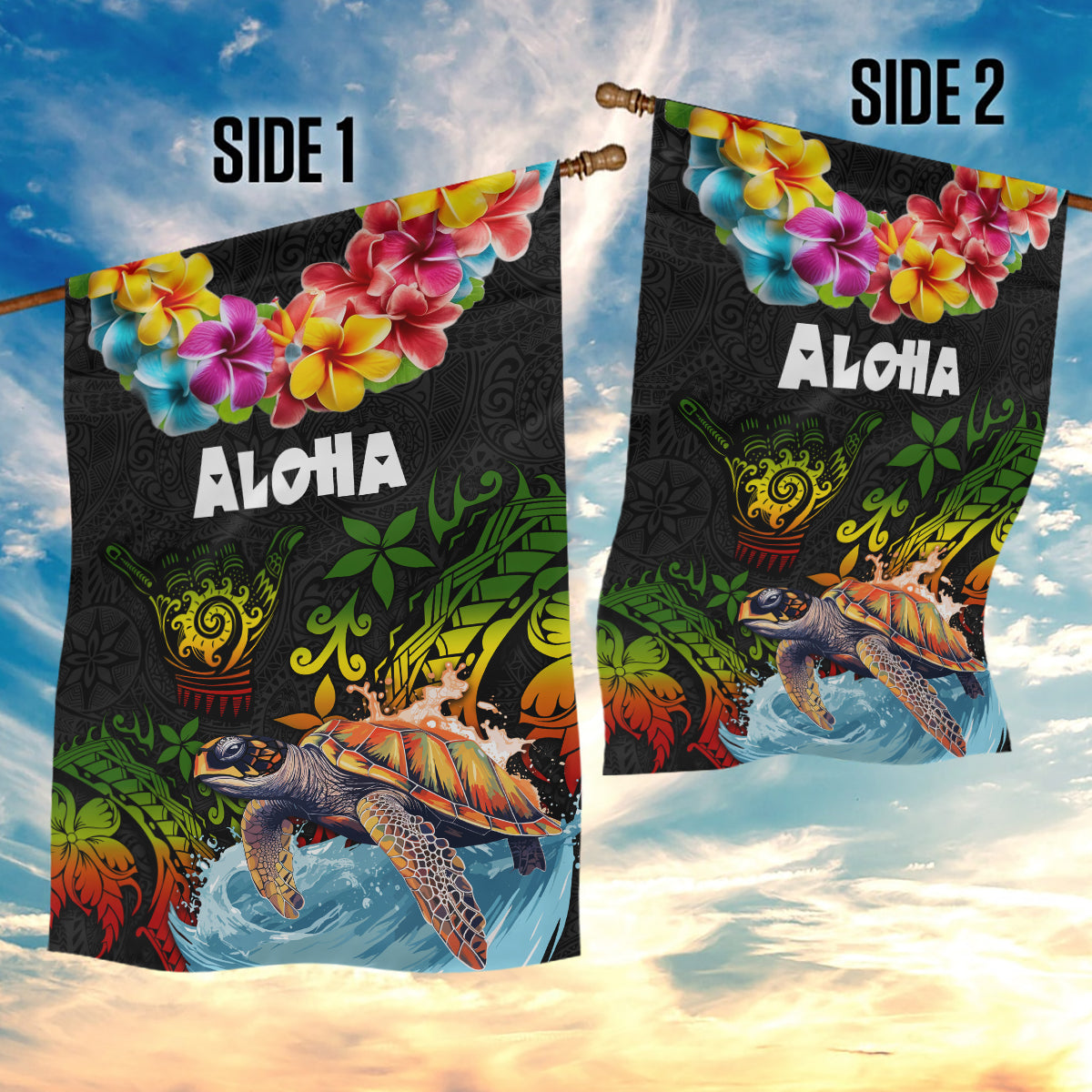 Hawaii Lei Day Garden Flag Hibiscus Wreath and Polynesian Pattern