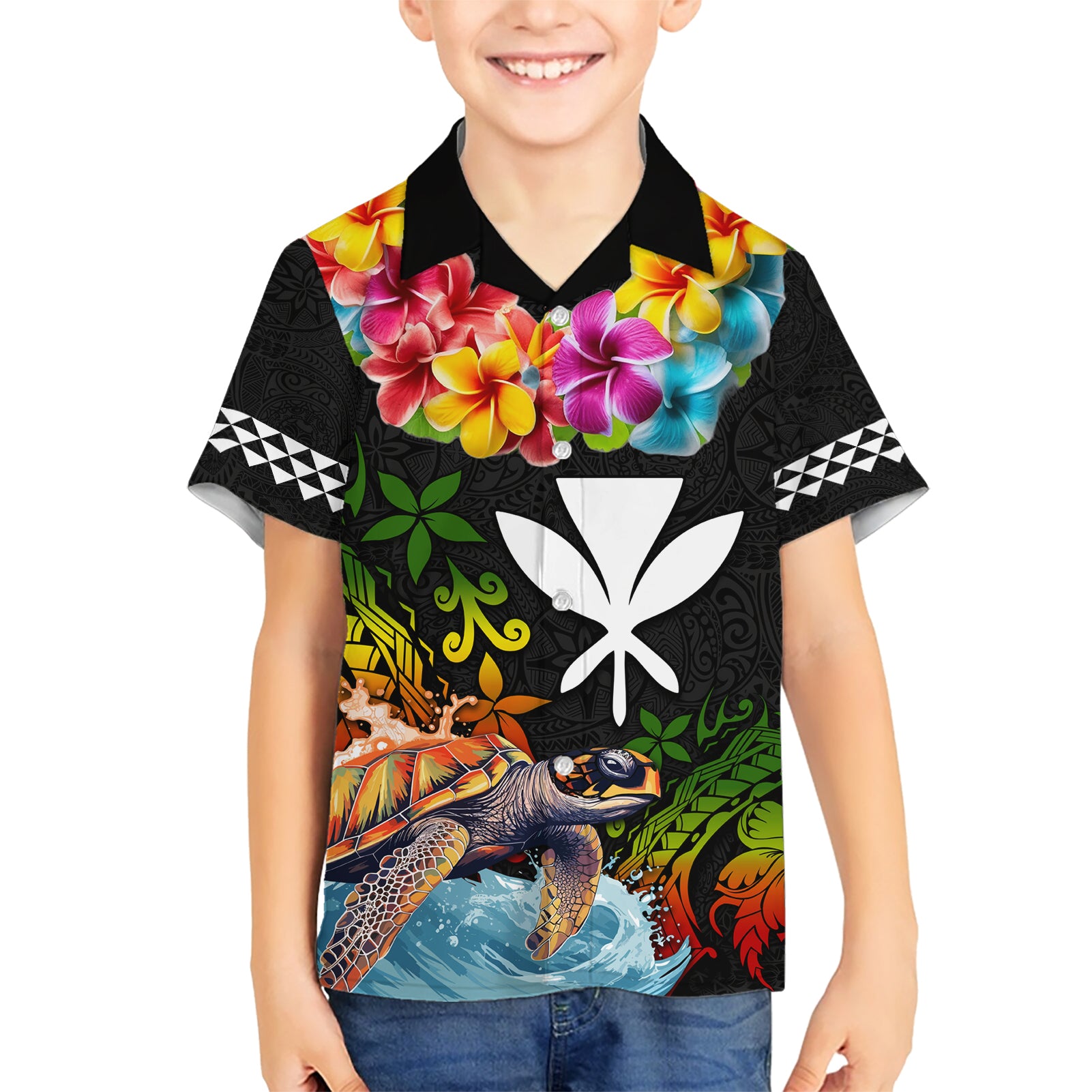 Hawaii Lei Day Kid Hawaiian Shirt Hibiscus Wreath and Polynesian Pattern
