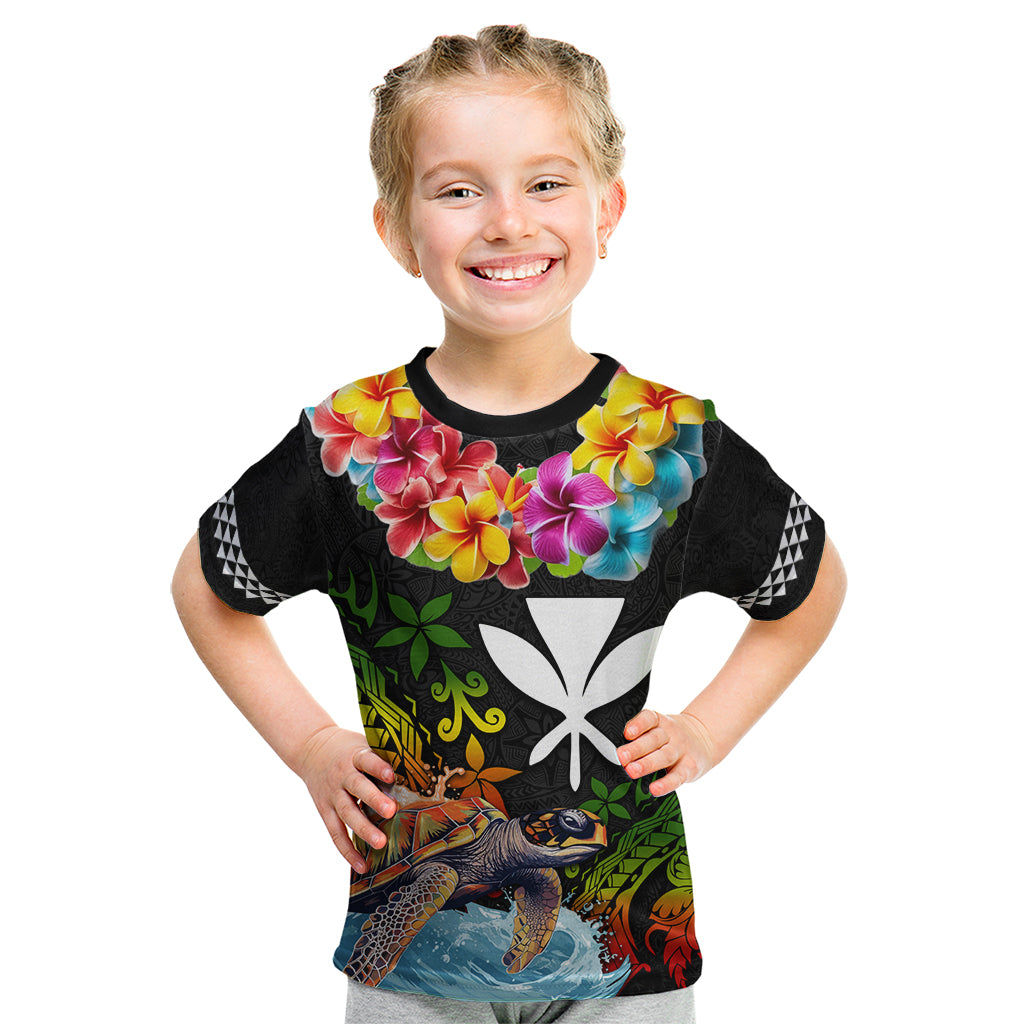 Hawaii Lei Day Kid T Shirt Hibiscus Wreath and Polynesian Pattern LT03 Black - Polynesian Pride