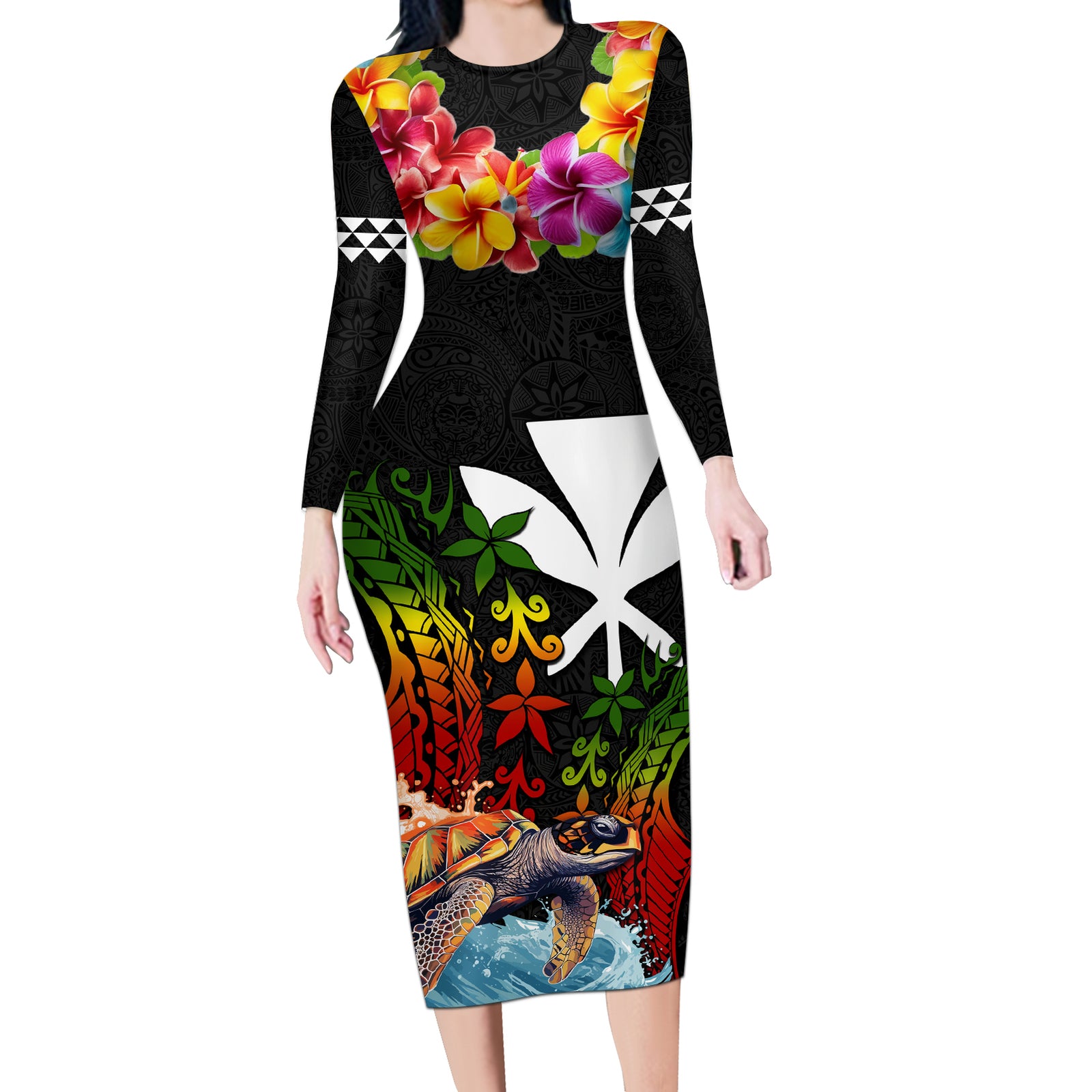 Hawaii Lei Day Long Sleeve Bodycon Dress Hibiscus Wreath and Polynesian Pattern LT03 Long Dress Black - Polynesian Pride