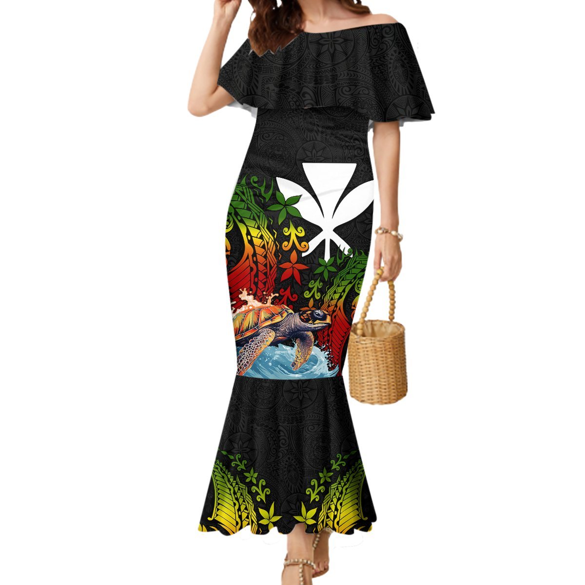 Hawaii Lei Day Mermaid Dress Hibiscus Wreath and Polynesian Pattern LT03 Women Black - Polynesian Pride