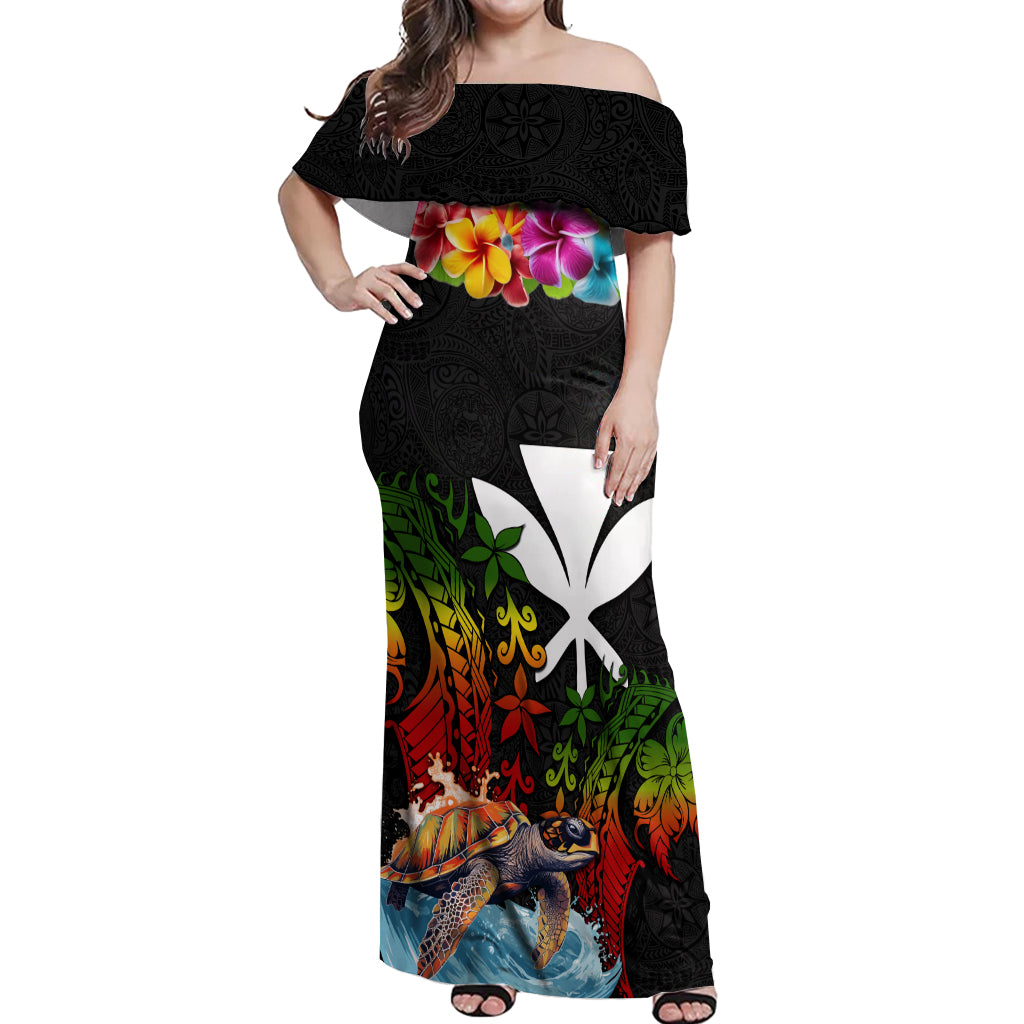 Hawaii Lei Day Off Shoulder Maxi Dress Hibiscus Wreath and Polynesian Pattern