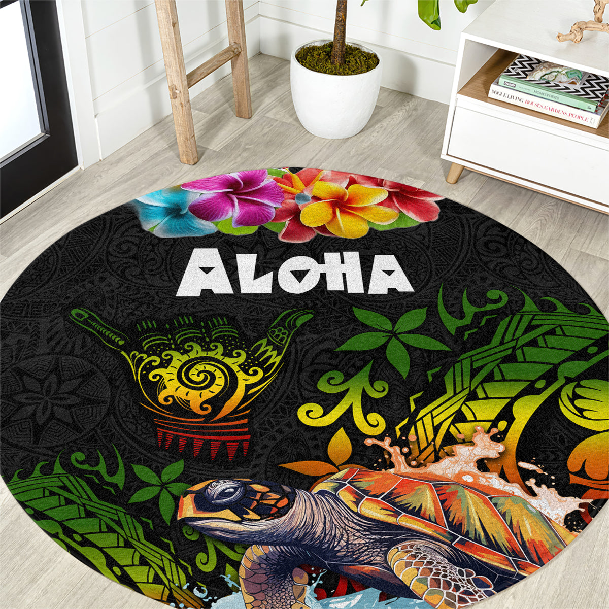 Hawaii Lei Day Round Carpet Hibiscus Wreath and Polynesian Pattern LT03 Black - Polynesian Pride