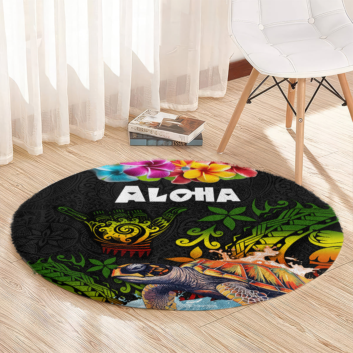 Hawaii Lei Day Round Carpet Hibiscus Wreath and Polynesian Pattern LT03 - Polynesian Pride