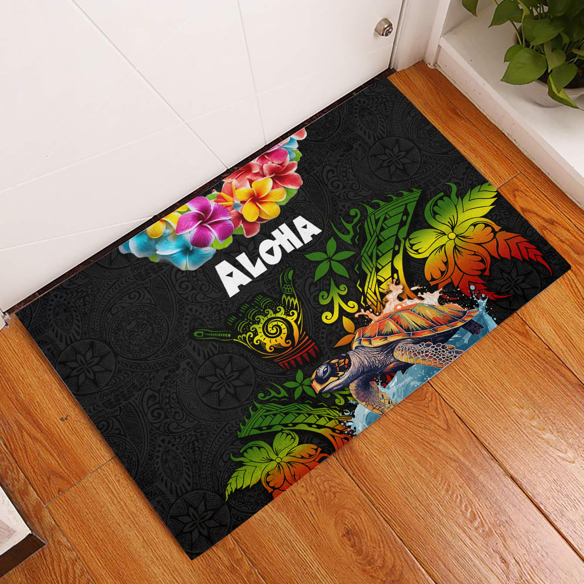 Hawaii Lei Day Rubber Doormat Hibiscus Wreath and Polynesian Pattern