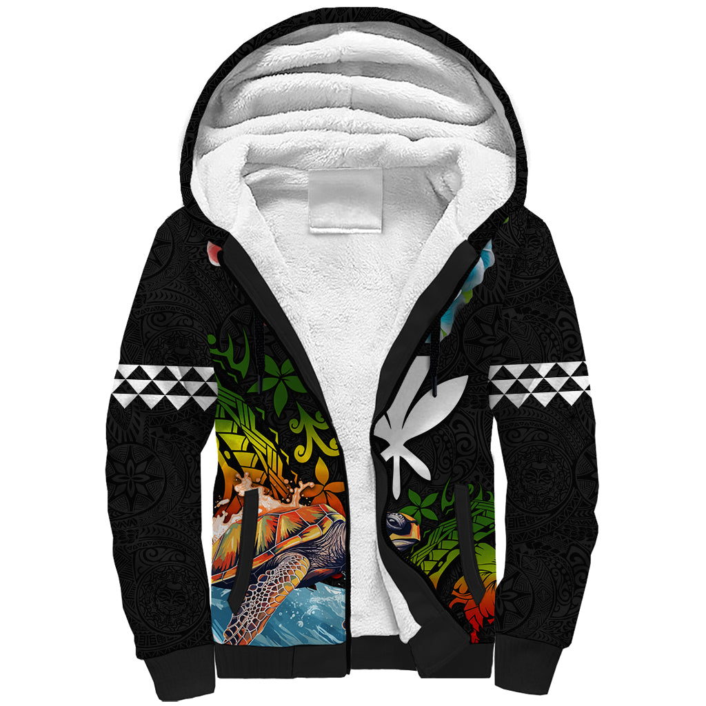 Hawaii Lei Day Sherpa Hoodie Hibiscus Wreath and Polynesian Pattern