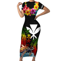 Hawaii Lei Day Short Sleeve Bodycon Dress Hibiscus Wreath and Polynesian Pattern LT03 Long Dress Black - Polynesian Pride