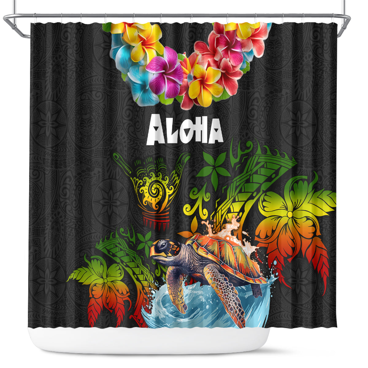 Hawaii Lei Day Shower Curtain Hibiscus Wreath and Polynesian Pattern LT03 Black - Polynesian Pride