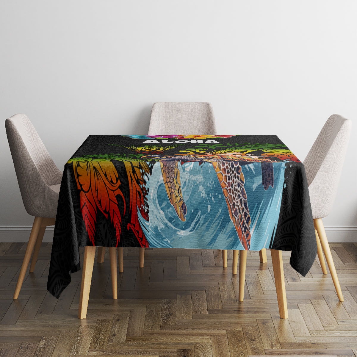 Hawaii Lei Day Tablecloth Hibiscus Wreath and Polynesian Pattern