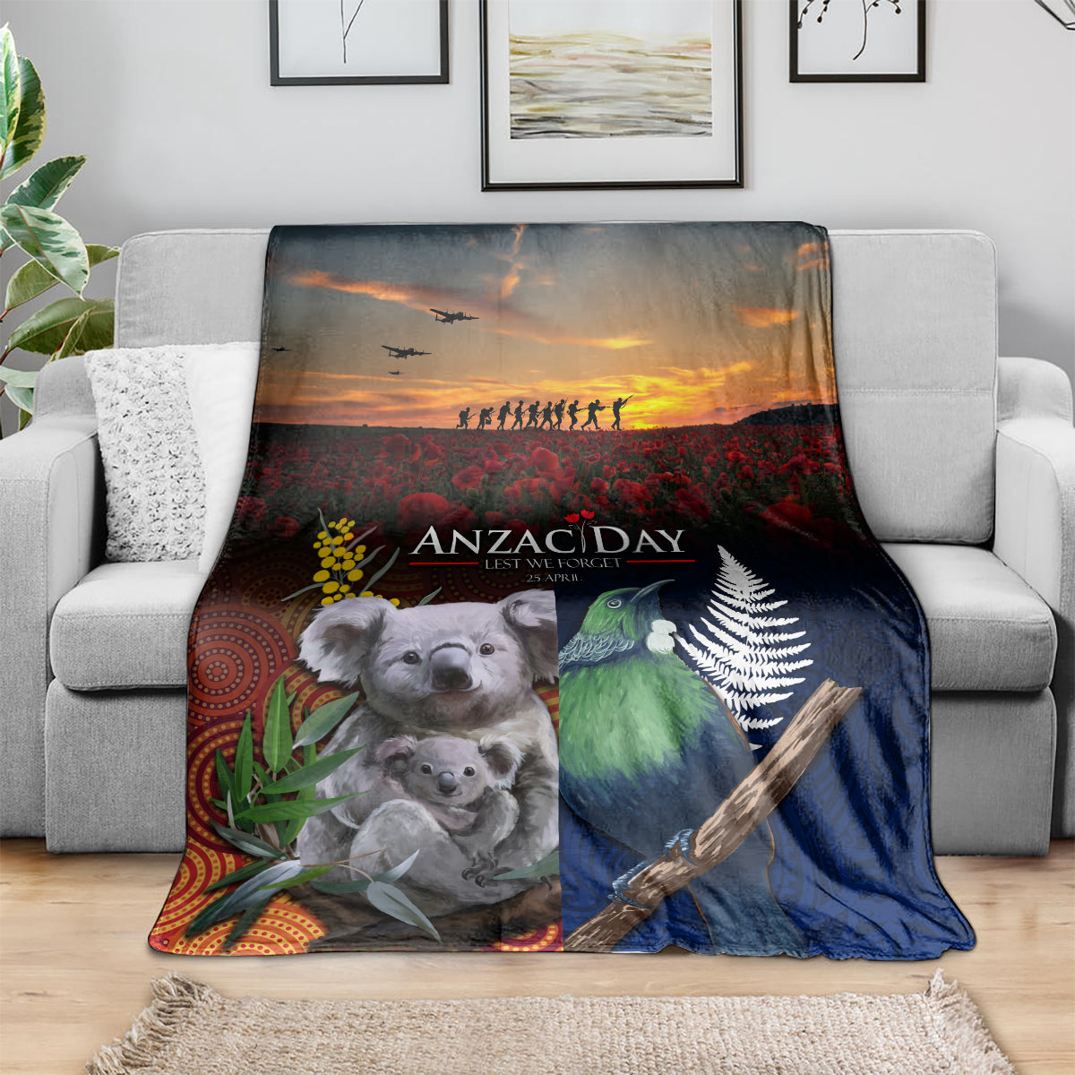 Australia and New Zealand ANZAC Day Blanket Tui Bird and Koala mix Maori and Aboriginal Pattern