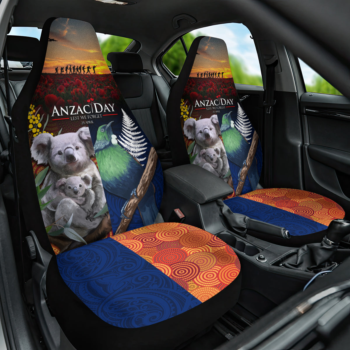 Australia and New Zealand ANZAC Day Car Seat Cover Tui Bird and Koala mix Maori and Aboriginal Pattern