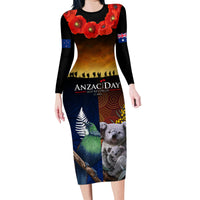 Australia and New Zealand ANZAC Day Family Matching Long Sleeve Bodycon Dress and Hawaiian Shirt Tui Bird and Koala mix Maori and Aboriginal Pattern