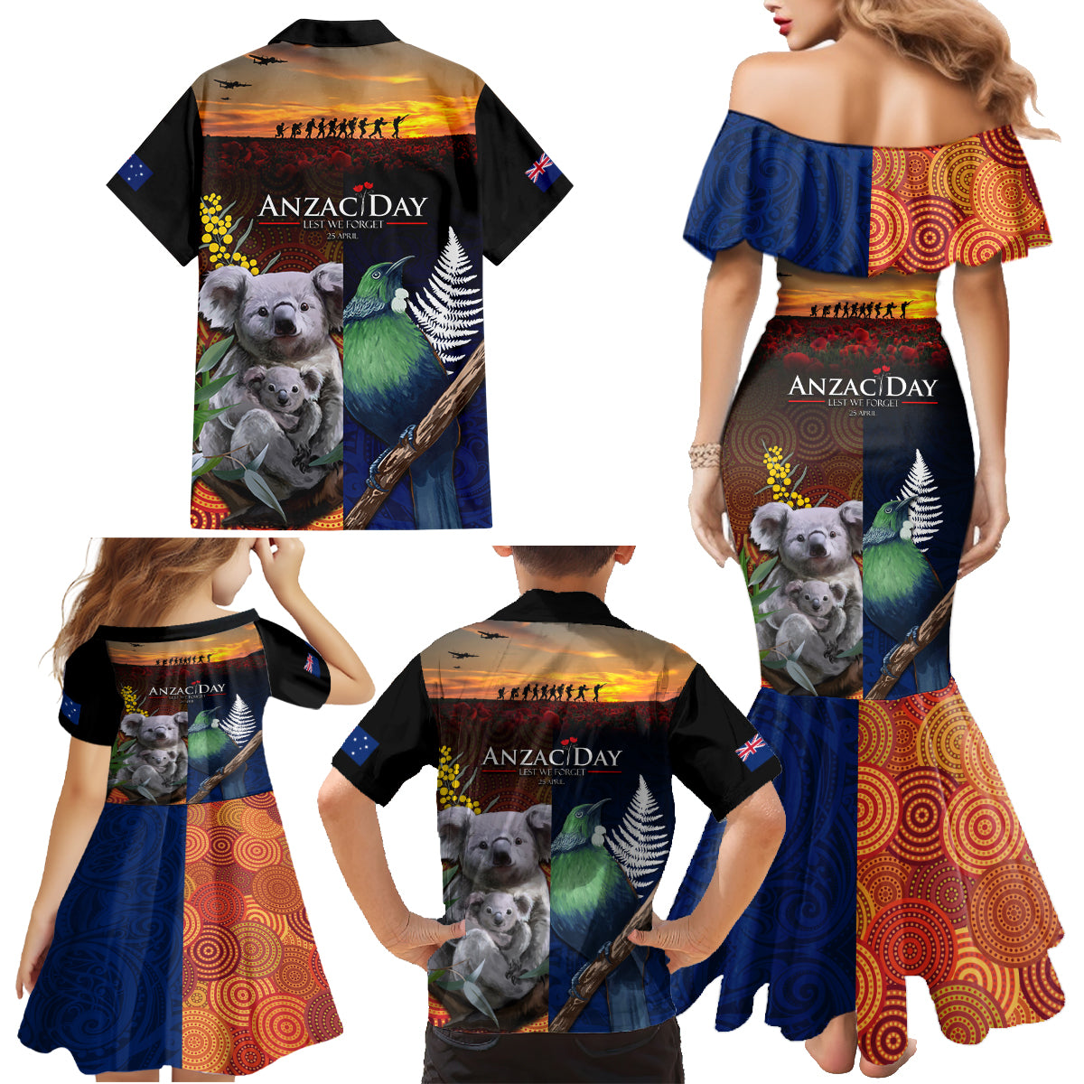 Australia and New Zealand ANZAC Day Family Matching Mermaid Dress and Hawaiian Shirt Tui Bird and Koala mix Maori and Aboriginal Pattern