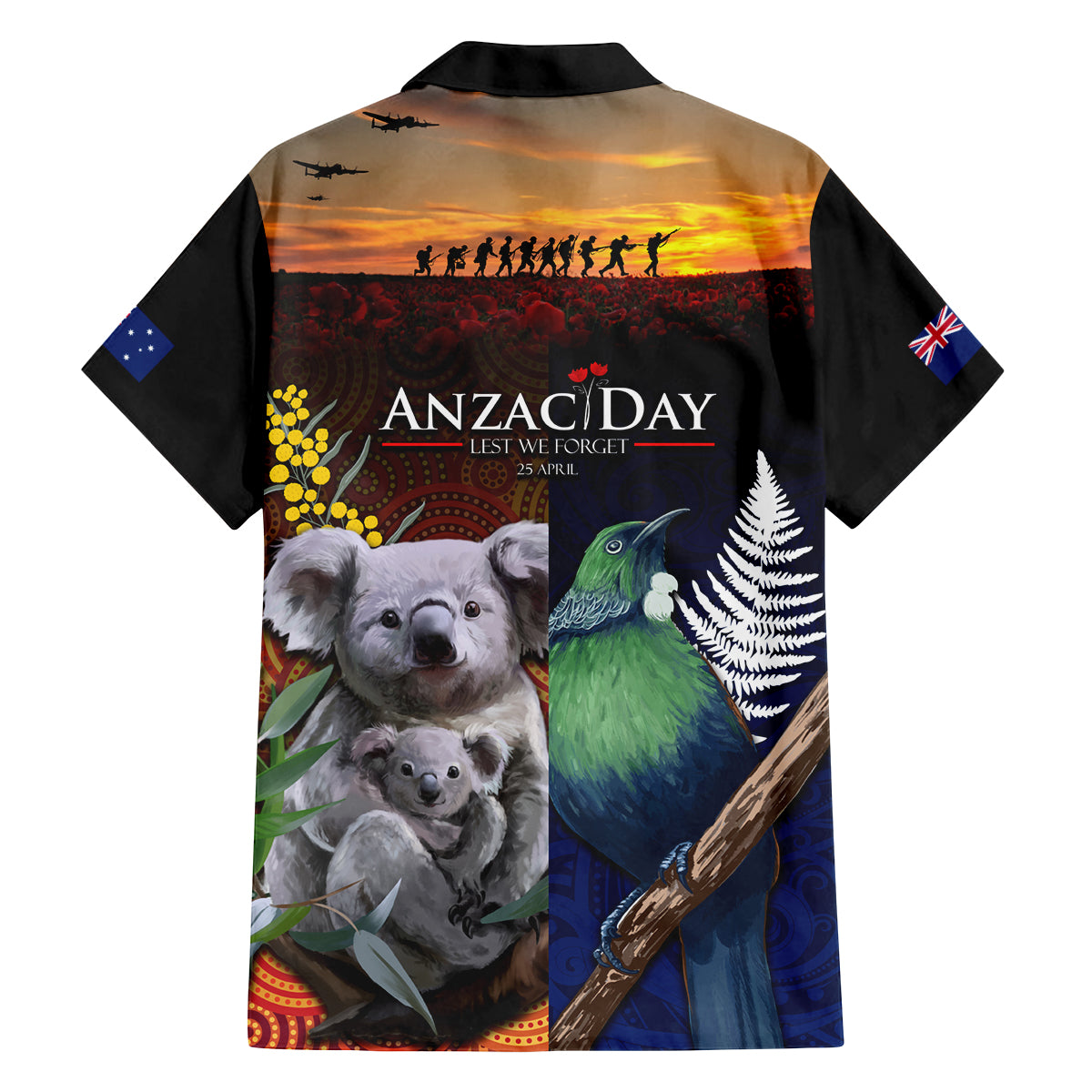 Australia and New Zealand ANZAC Day Family Matching Off Shoulder Short Dress and Hawaiian Shirt Tui Bird and Koala mix Maori and Aboriginal Pattern