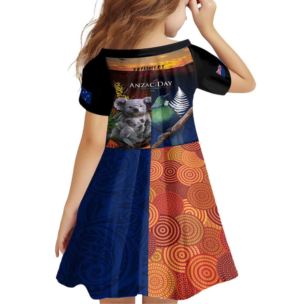 Australia and New Zealand ANZAC Day Family Matching Short Sleeve Bodycon Dress and Hawaiian Shirt Tui Bird and Koala mix Maori and Aboriginal Pattern