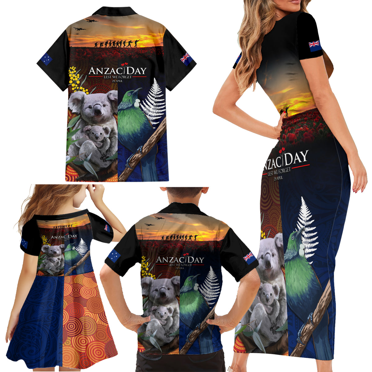 Australia and New Zealand ANZAC Day Family Matching Short Sleeve Bodycon Dress and Hawaiian Shirt Tui Bird and Koala mix Maori and Aboriginal Pattern
