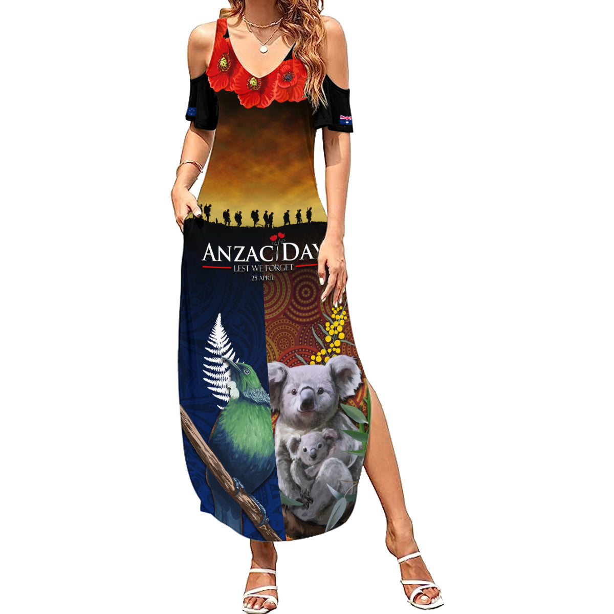 Australia and New Zealand ANZAC Day Family Matching Summer Maxi Dress and Hawaiian Shirt Tui Bird and Koala mix Maori and Aboriginal Pattern
