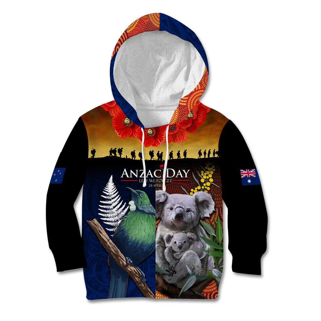 Australia and New Zealand ANZAC Day Kid Hoodie Tui Bird and Koala mix Maori and Aboriginal Pattern