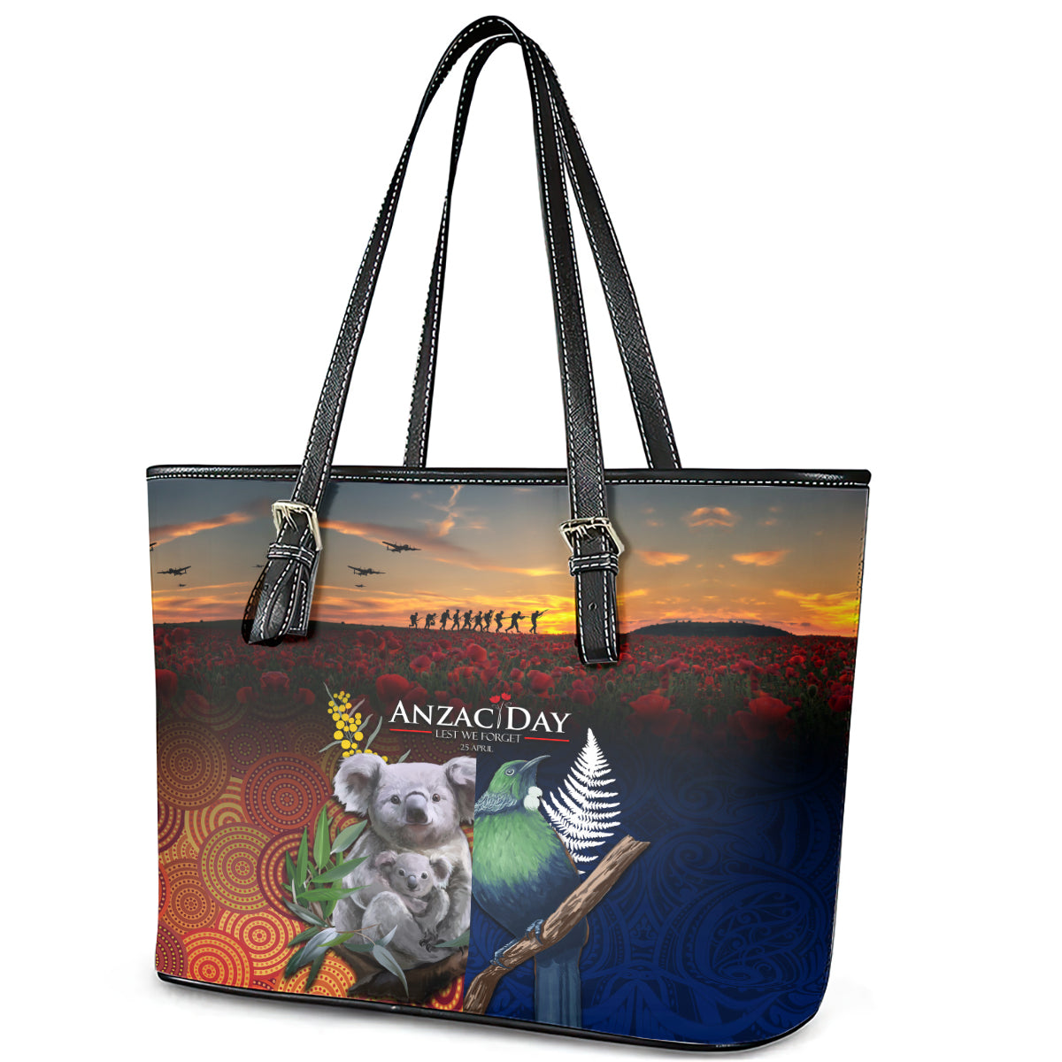 Australia and New Zealand ANZAC Day Leather Tote Bag Tui Bird and Koala mix Maori and Aboriginal Pattern