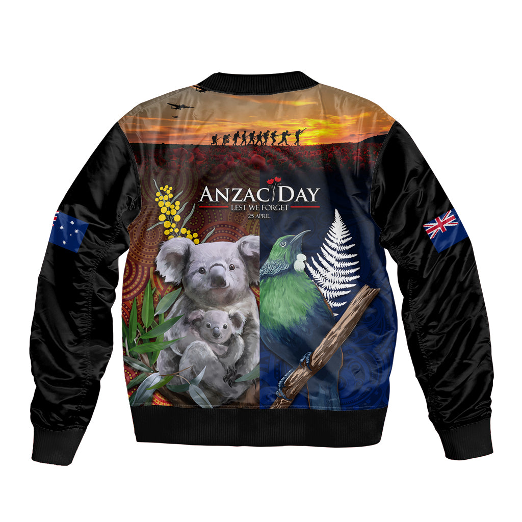 Australia and New Zealand ANZAC Day Sleeve Zip Bomber Jacket Tui Bird and Koala mix Maori and Aboriginal Pattern