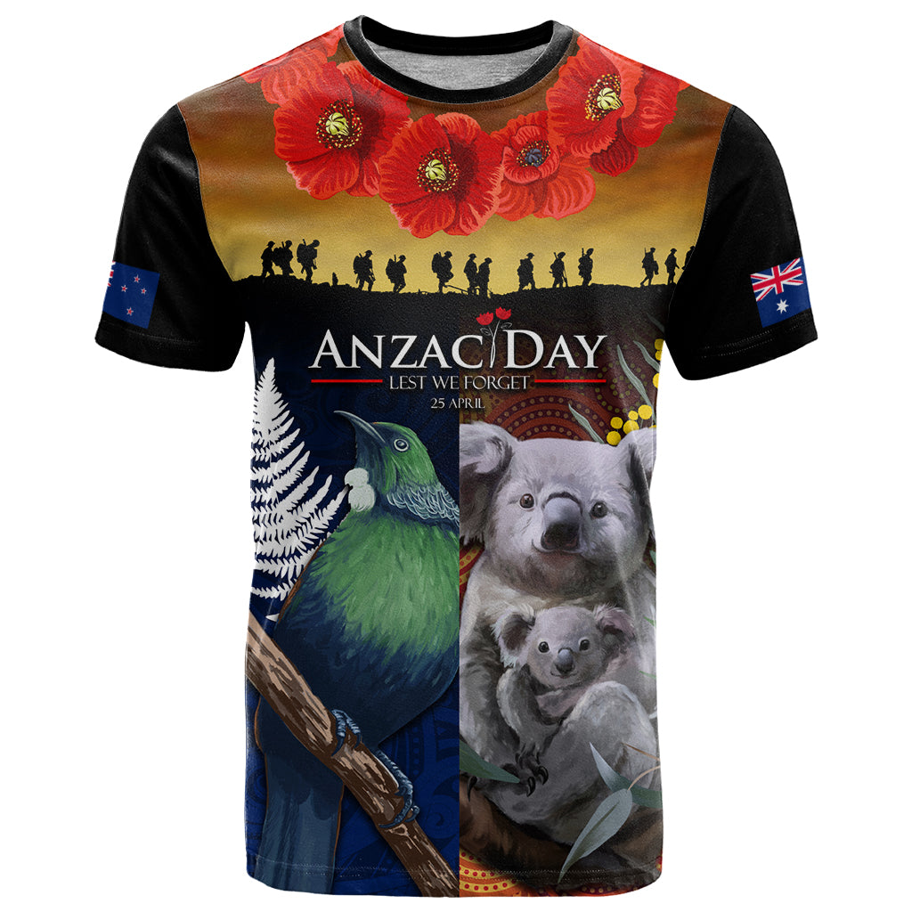 Australia and New Zealand ANZAC Day T Shirt Tui Bird and Koala mix Maori and Aboriginal Pattern