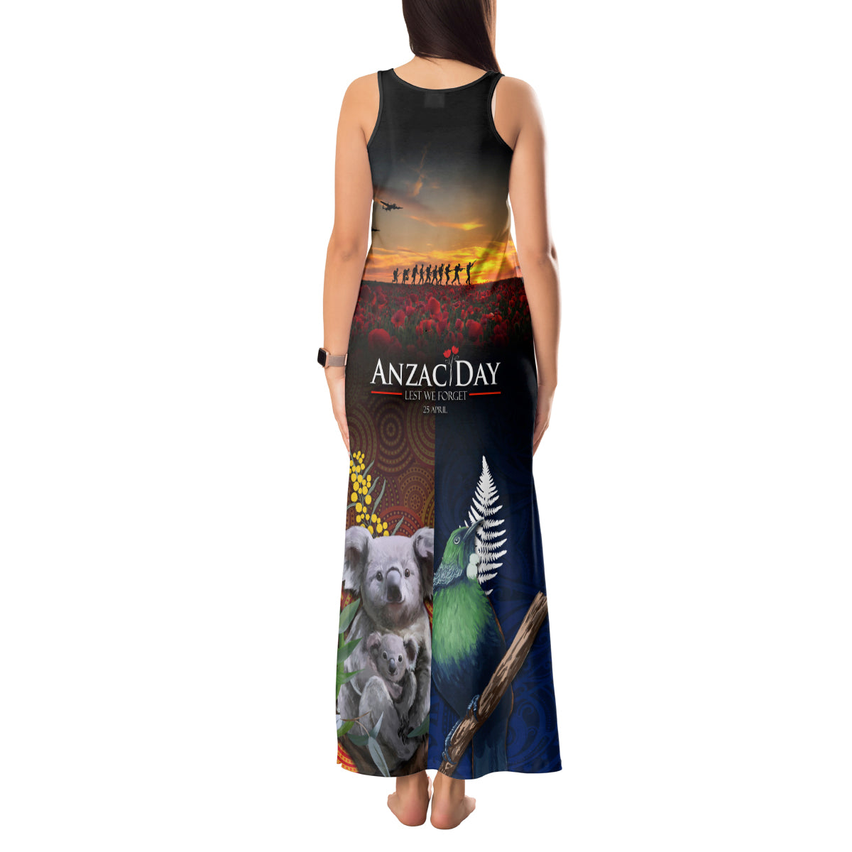 Australia and New Zealand ANZAC Day Tank Maxi Dress Tui Bird and Koala mix Maori and Aboriginal Pattern