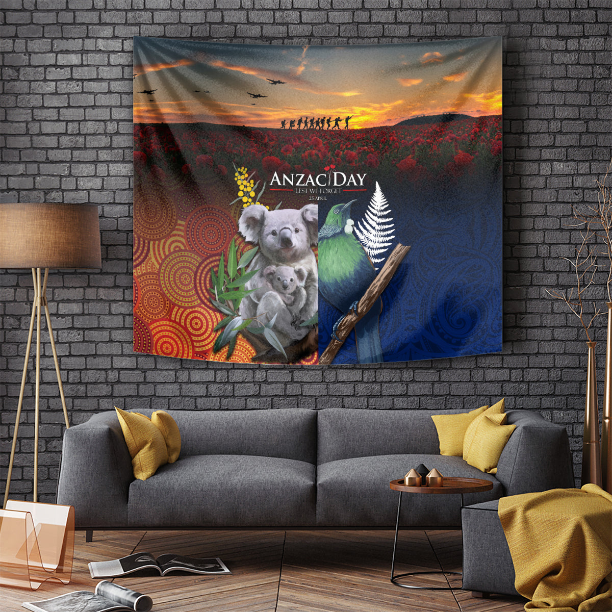 Australia and New Zealand ANZAC Day Tapestry Tui Bird and Koala mix Maori and Aboriginal Pattern