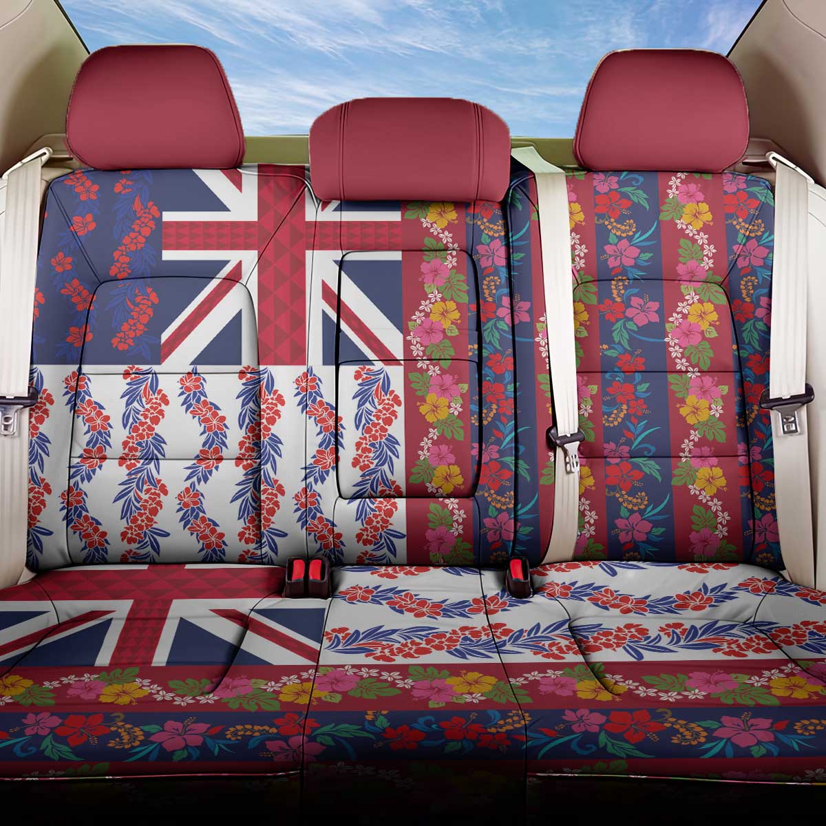 Hawaiian Lei Back Car Seat Cover National Flag Striped Style LT03 One Size Red - Polynesian Pride