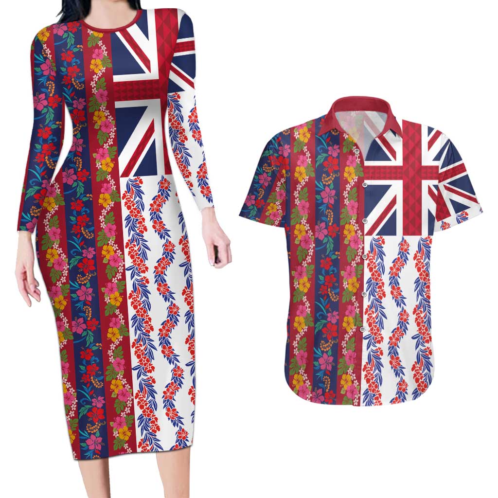 Hawaiian Lei Couples Matching Long Sleeve Bodycon Dress and Hawaiian Shirt National Flag Striped Style LT03 Red - Polynesian Pride