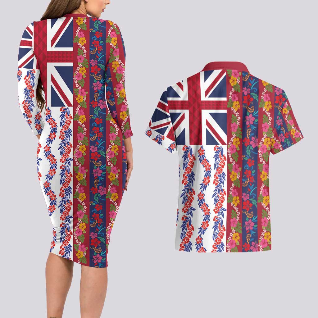 Hawaiian Lei Couples Matching Long Sleeve Bodycon Dress and Hawaiian Shirt National Flag Striped Style LT03 - Polynesian Pride
