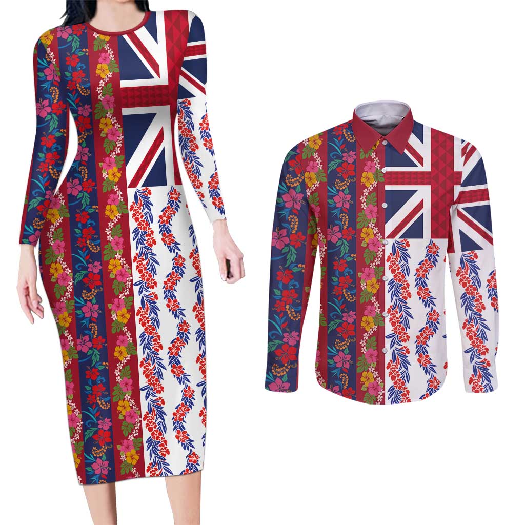 Hawaiian Lei Couples Matching Long Sleeve Bodycon Dress and Long Sleeve Button Shirt National Flag Striped Style LT03 Red - Polynesian Pride