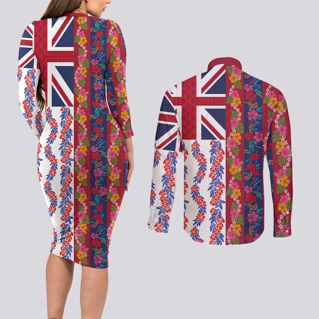 Hawaiian Lei Couples Matching Long Sleeve Bodycon Dress and Long Sleeve Button Shirt National Flag Striped Style LT03 - Polynesian Pride