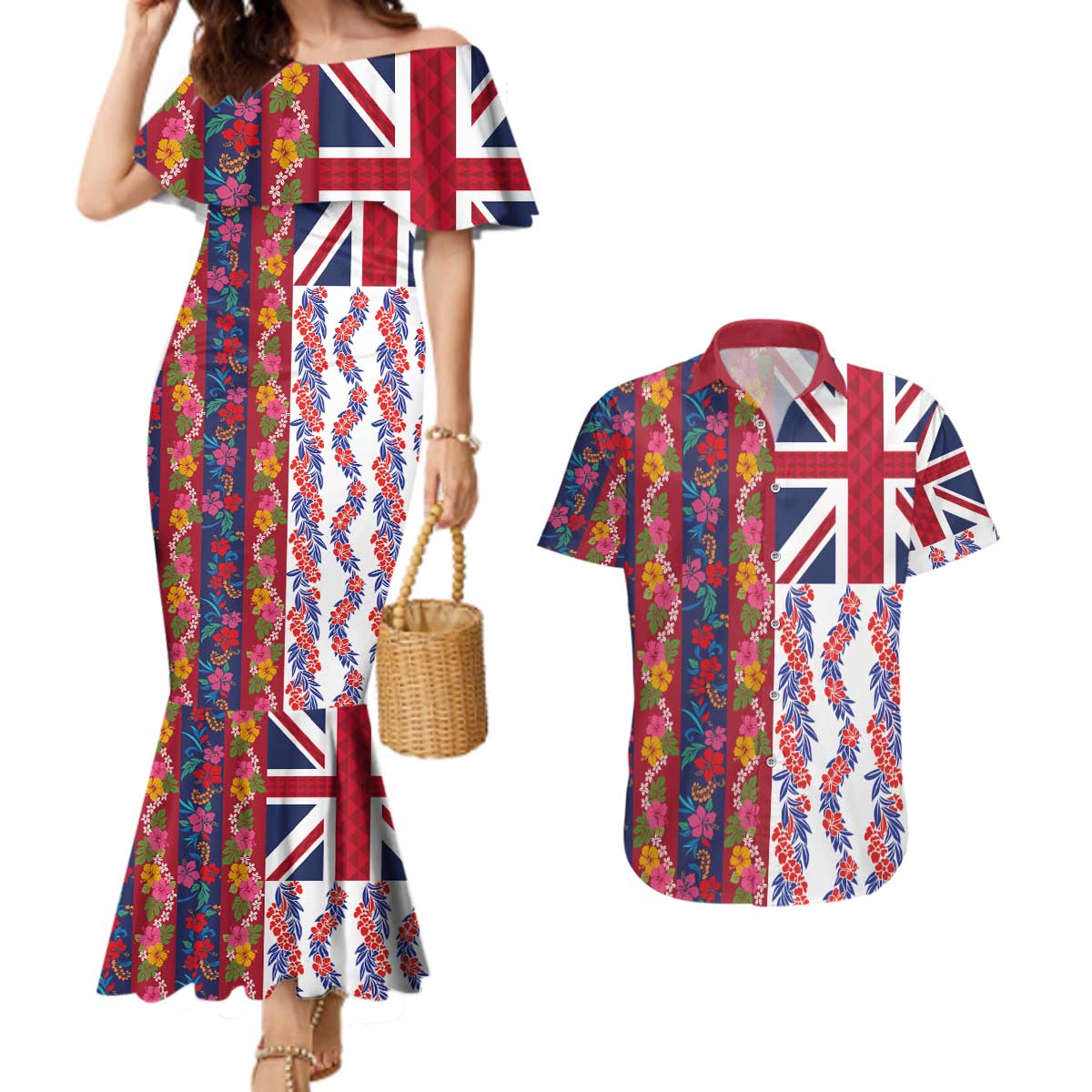 Hawaiian Lei Couples Matching Mermaid Dress and Hawaiian Shirt National Flag Striped Style LT03 Red - Polynesian Pride