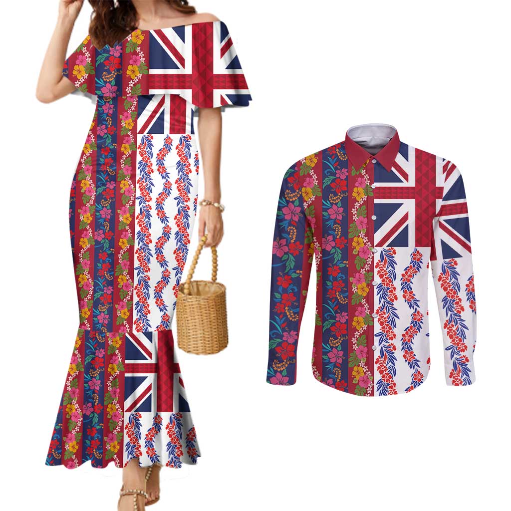 Hawaiian Lei Couples Matching Mermaid Dress and Long Sleeve Button Shirt National Flag Striped Style LT03 Red - Polynesian Pride