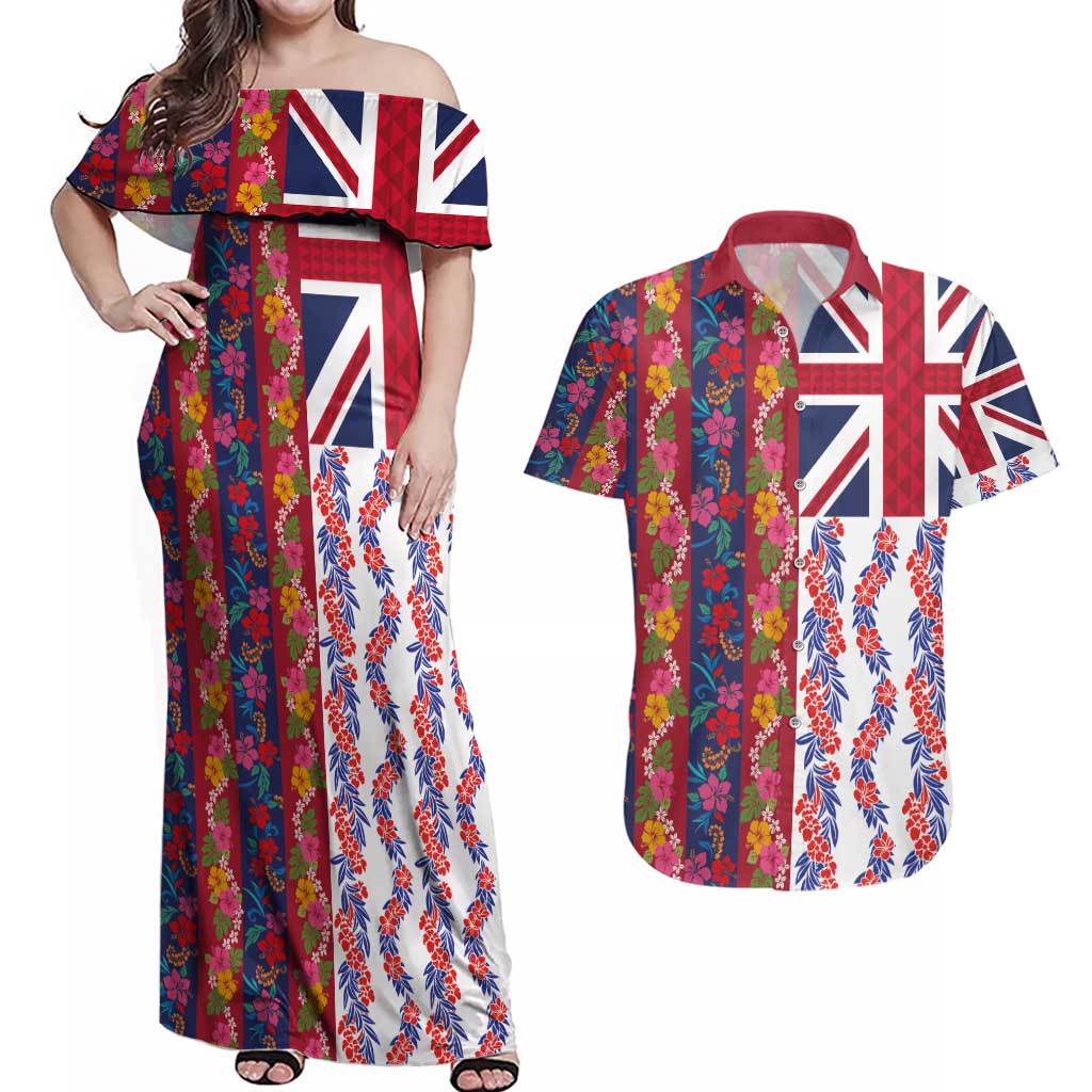 Hawaiian Lei Couples Matching Off Shoulder Maxi Dress and Hawaiian Shirt National Flag Striped Style LT03 Red - Polynesian Pride