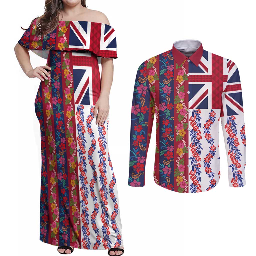Hawaiian Lei Couples Matching Off Shoulder Maxi Dress and Long Sleeve Button Shirt National Flag Striped Style LT03 Red - Polynesian Pride