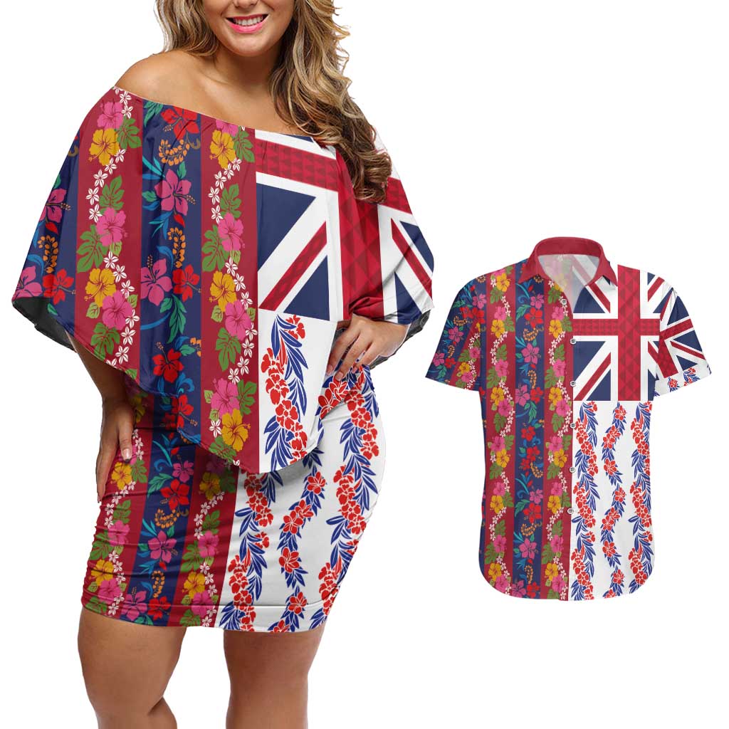 Hawaiian Lei Couples Matching Off Shoulder Short Dress and Hawaiian Shirt National Flag Striped Style LT03 Red - Polynesian Pride