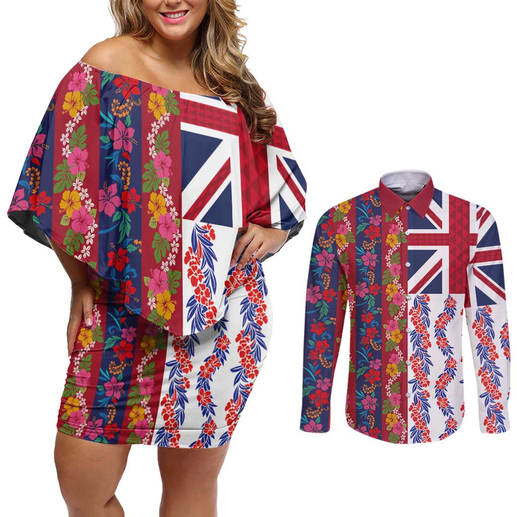 Hawaiian Lei Couples Matching Off Shoulder Short Dress and Long Sleeve Button Shirt National Flag Striped Style LT03 Red - Polynesian Pride