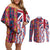 Hawaiian Lei Couples Matching Off Shoulder Short Dress and Long Sleeve Button Shirt National Flag Striped Style
