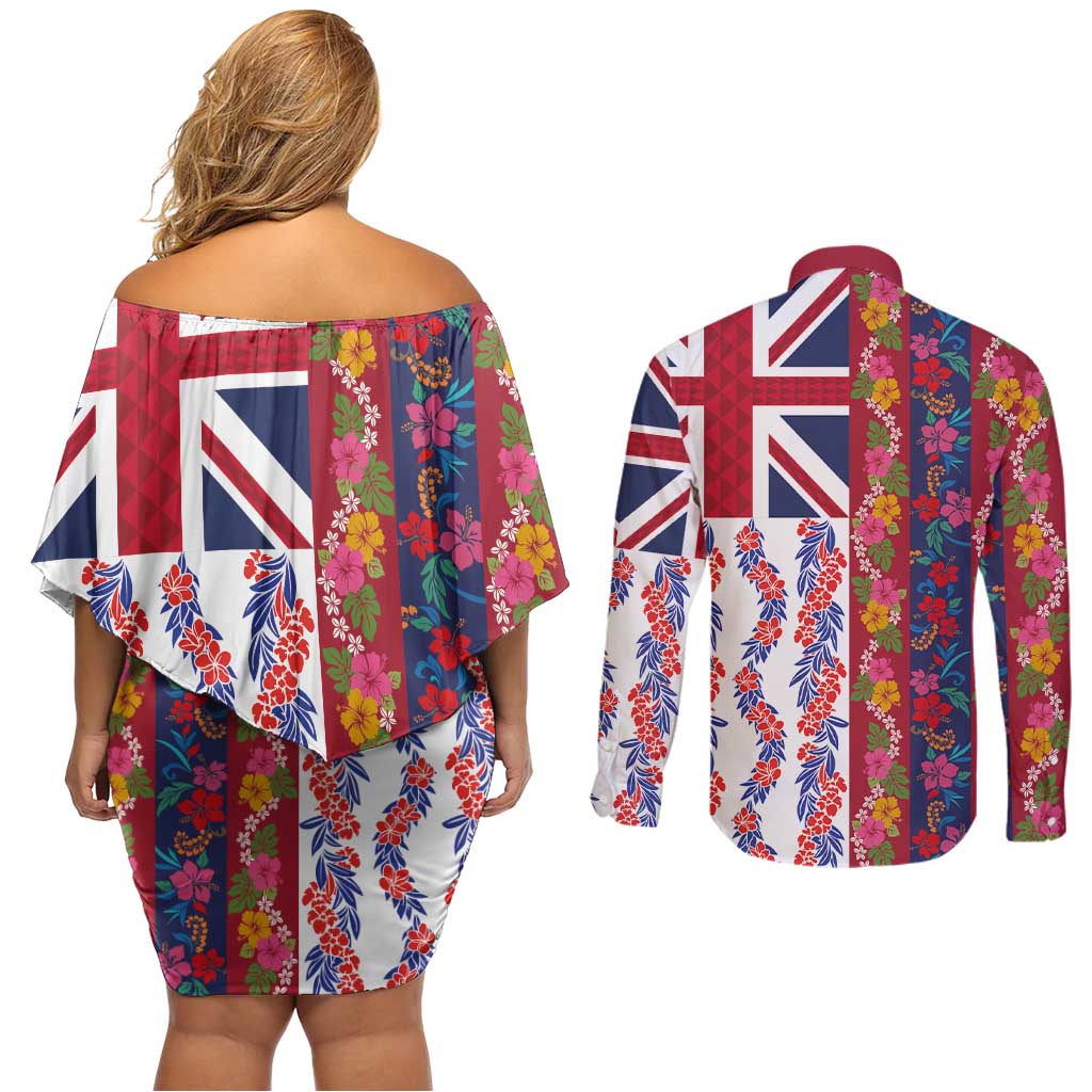 Hawaiian Lei Couples Matching Off Shoulder Short Dress and Long Sleeve Button Shirt National Flag Striped Style LT03 - Polynesian Pride