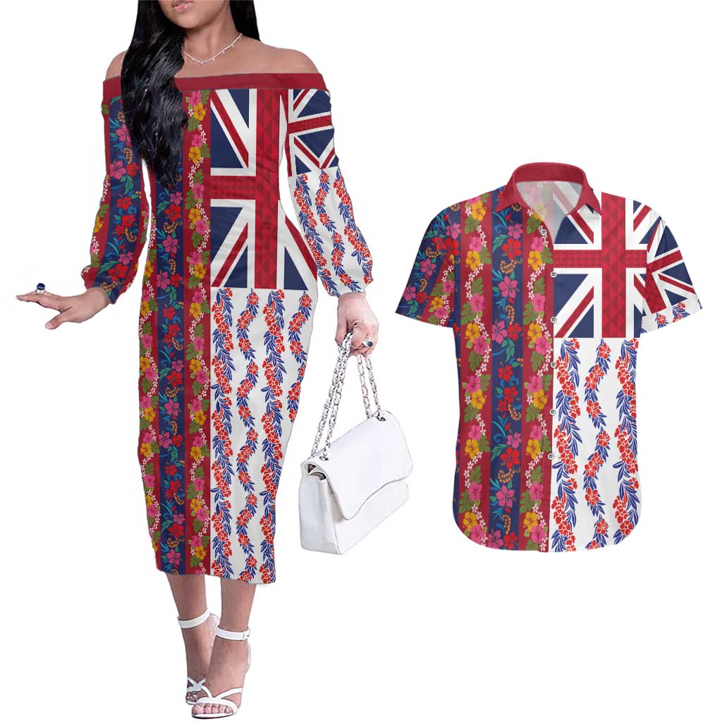 Hawaiian Lei Couples Matching Off The Shoulder Long Sleeve Dress and Hawaiian Shirt National Flag Striped Style LT03 Red - Polynesian Pride