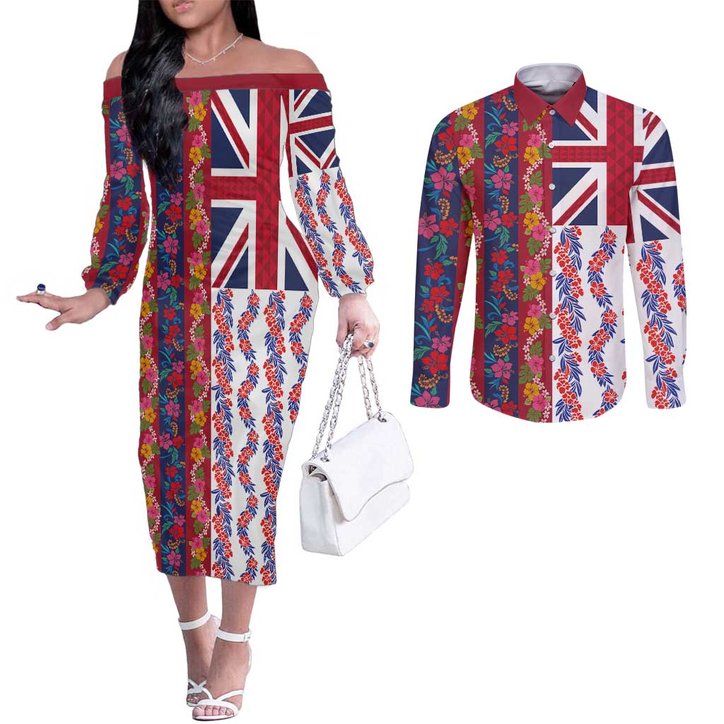 Hawaiian Lei Couples Matching Off The Shoulder Long Sleeve Dress and Long Sleeve Button Shirt National Flag Striped Style LT03 Red - Polynesian Pride