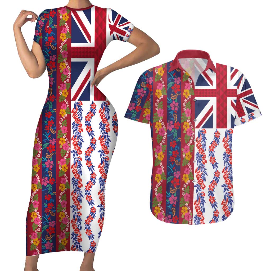 Hawaiian Lei Couples Matching Short Sleeve Bodycon Dress and Hawaiian Shirt National Flag Striped Style LT03 Red - Polynesian Pride