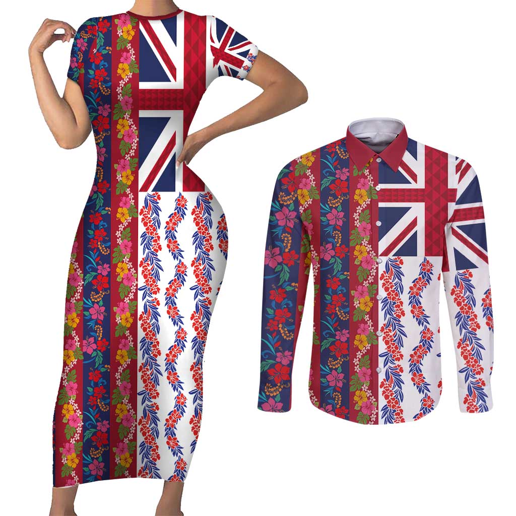 Hawaiian Lei Couples Matching Short Sleeve Bodycon Dress and Long Sleeve Button Shirt National Flag Striped Style LT03 Red - Polynesian Pride