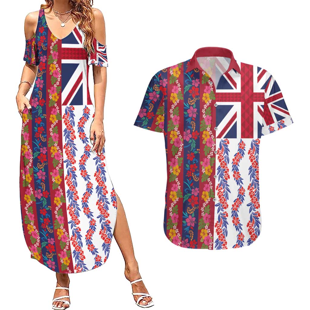 Hawaiian Lei Couples Matching Summer Maxi Dress and Hawaiian Shirt National Flag Striped Style LT03 Red - Polynesian Pride