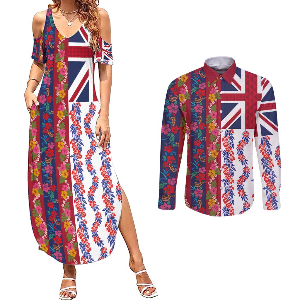 Hawaiian Lei Couples Matching Summer Maxi Dress and Long Sleeve Button Shirt National Flag Striped Style LT03 Red - Polynesian Pride